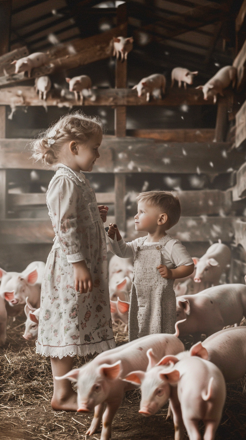 happy children surrounded by pink pigs drawings