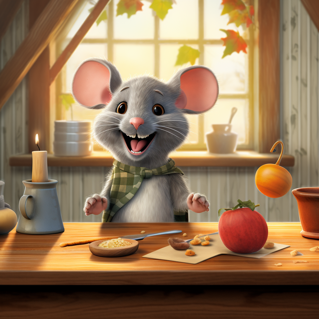 Illustration of a happy little gray mouse on a kitchen table