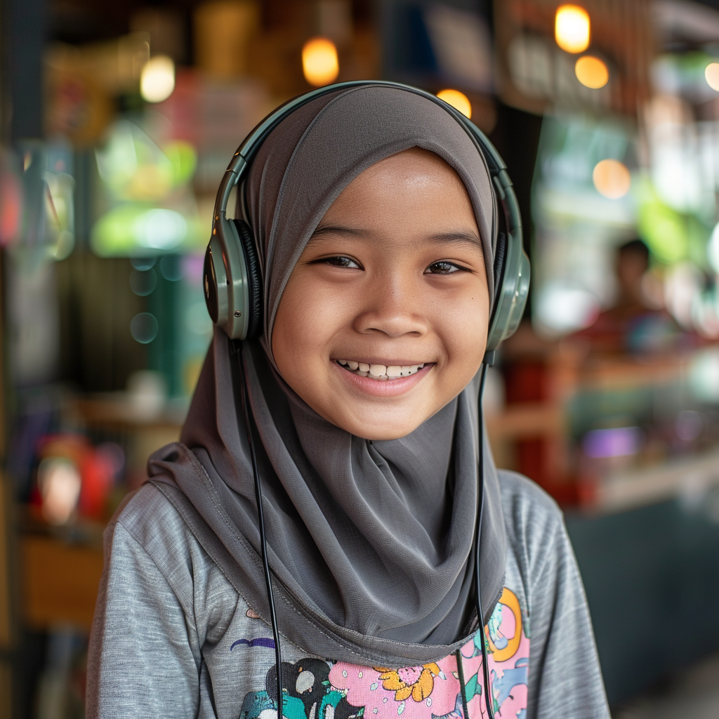 Happy Malay girl listening music