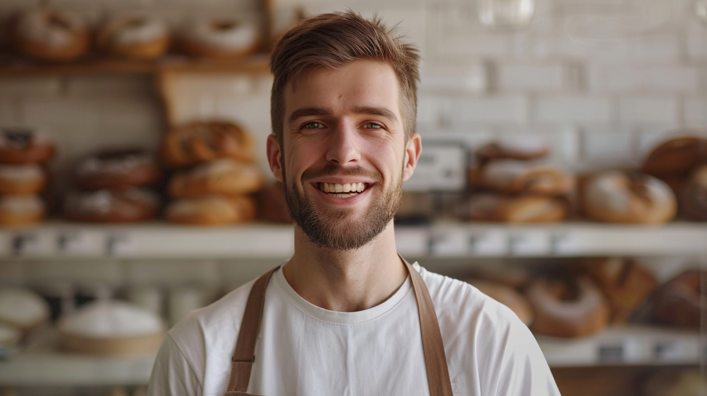 Happy bakery attendant man apron