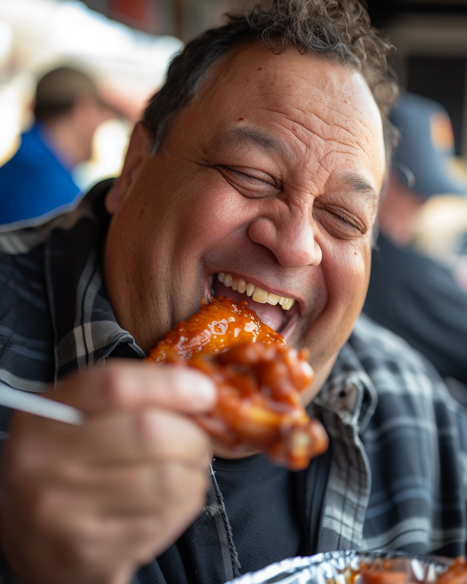 Happy man eating chicken wing