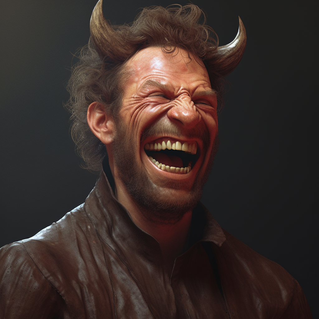 Happy man laughing with devil artwork