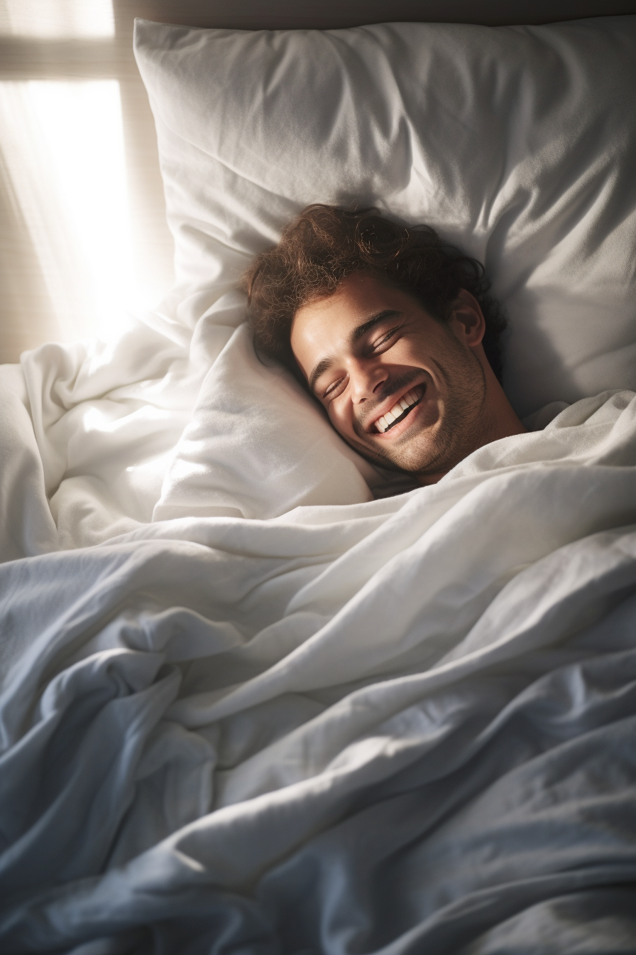 Happy man relaxing in bed