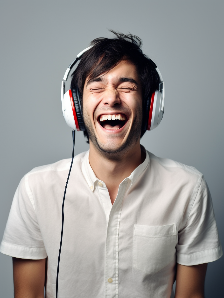 Happy man wearing Sennheiser headphones