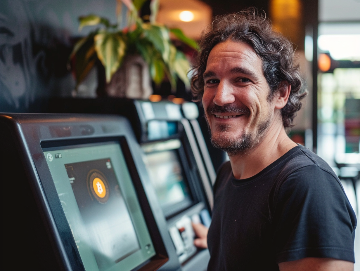 Happy man at Bitcoin machine