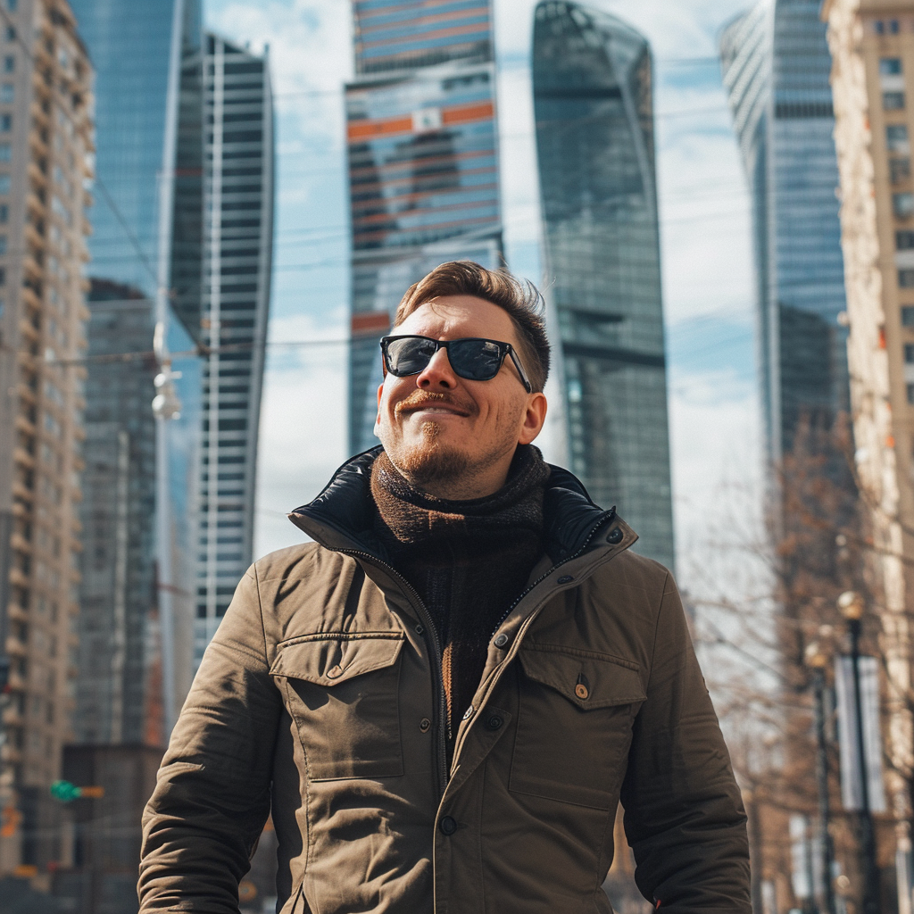 Happy man in sunglasses and jacket