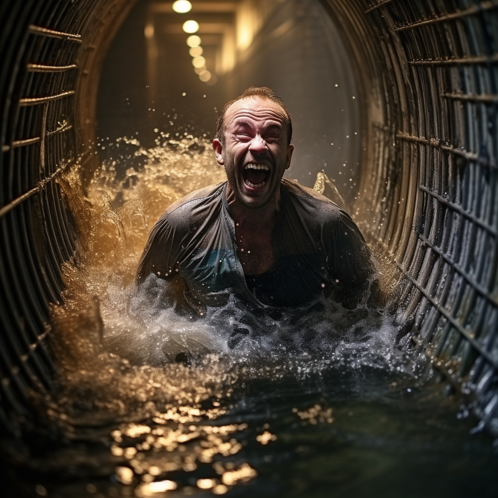 Happy man swimming in sewer