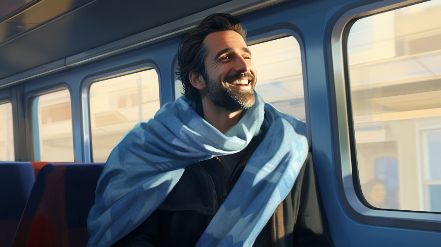 Happy man on train with blue scarf