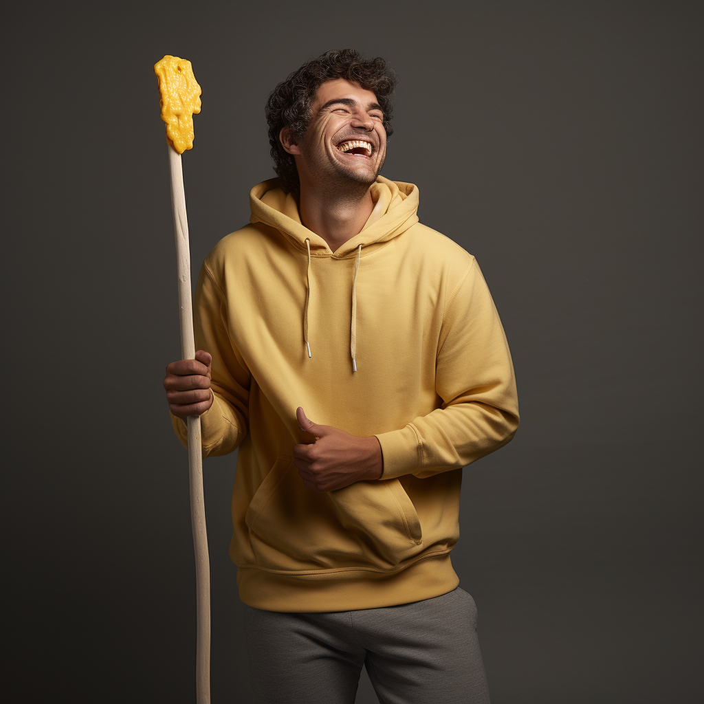 Smiling man snuggling giant melting butter stick