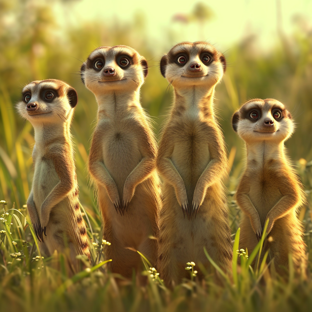 Happy meerkats in grasslands Disney style