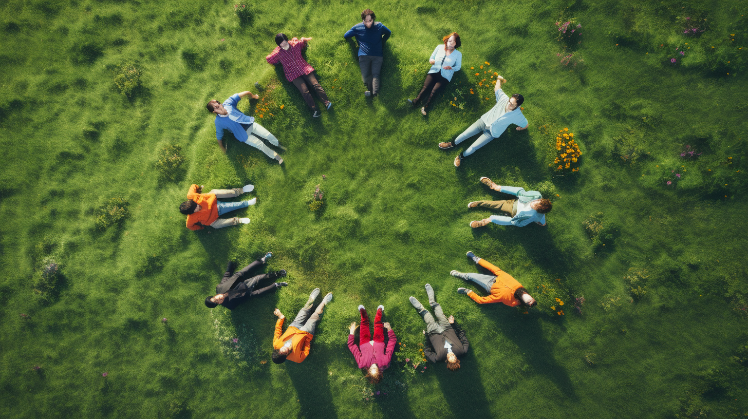 Artistic drawing of happy men in a circle on grass