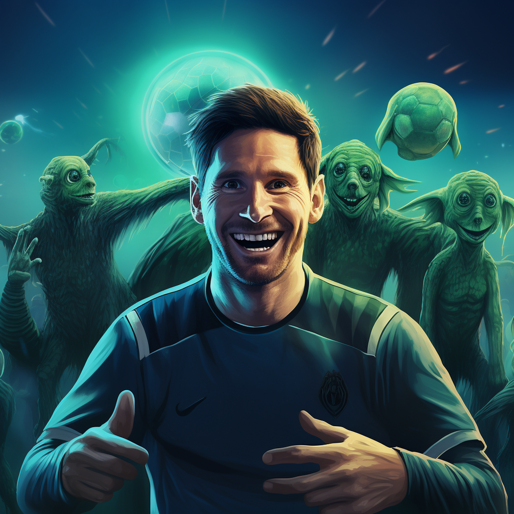 Happy Messi posing with aliens