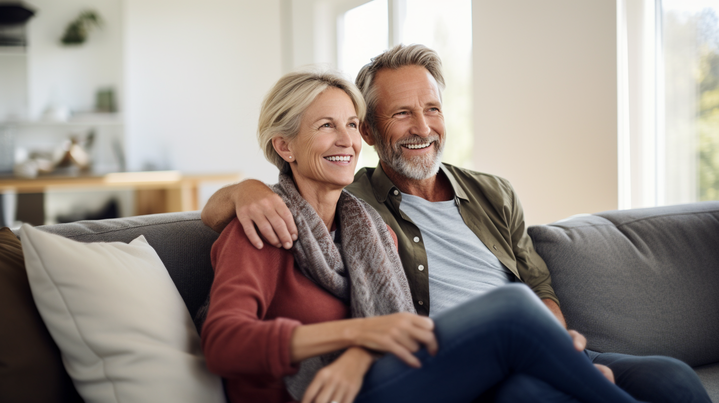 Smiling middle age couple enjoying their living room