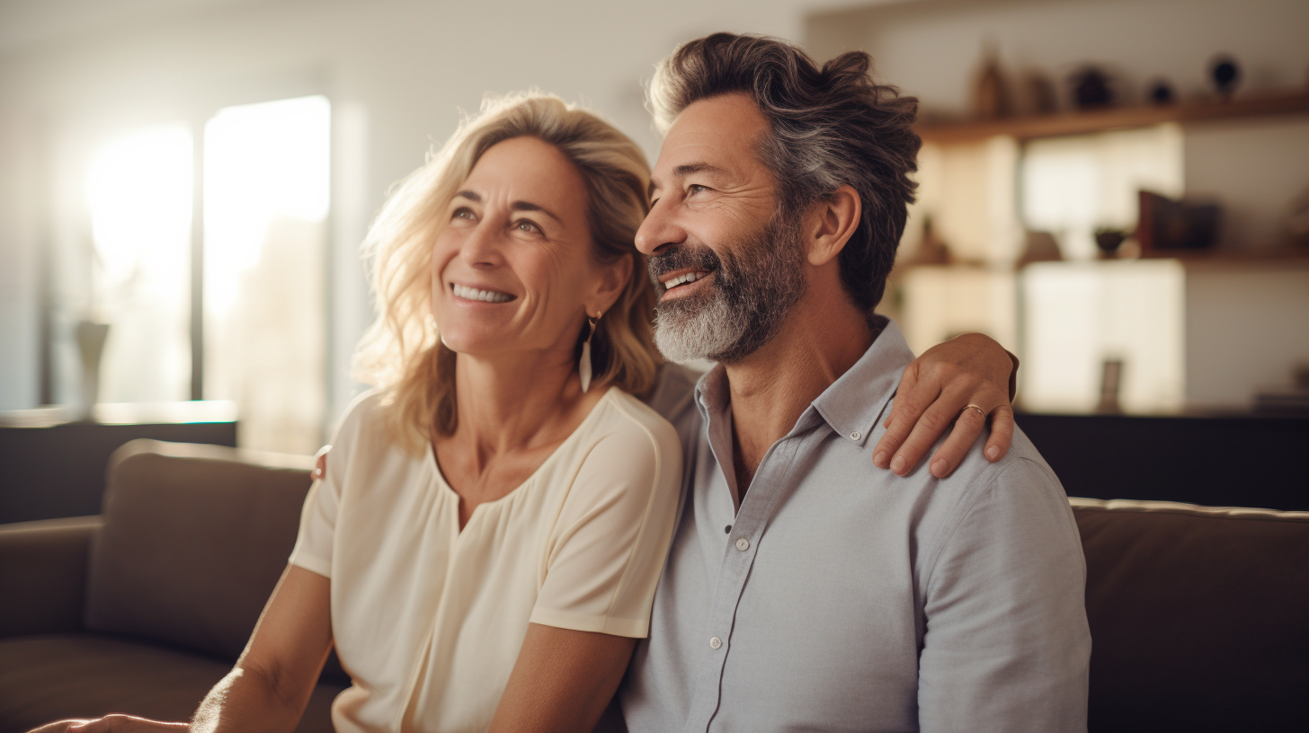 Happy middle age couple sitting in living room