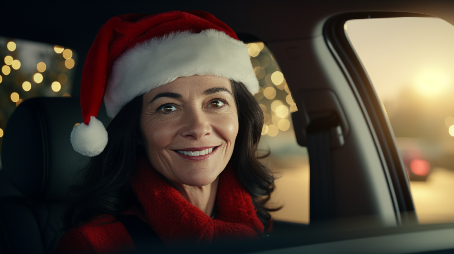 Happy woman driving car with Santa hat