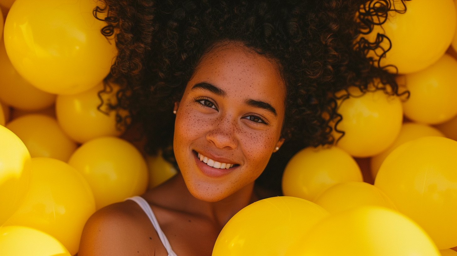 Happy mixed race woman in yellow ballpit