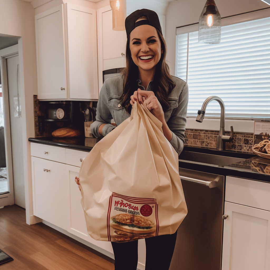 Happy woman holding a giant takeout bag at Superbowl party