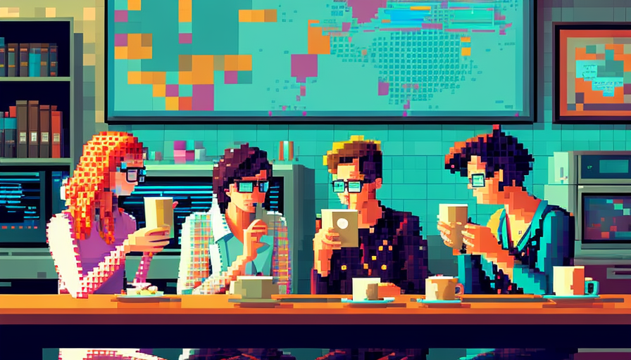 Group of happy nerds enjoying coffee and pastry