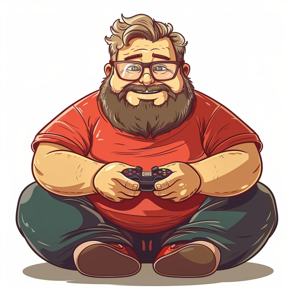 Cartoon Chubby Nerd Playing Games