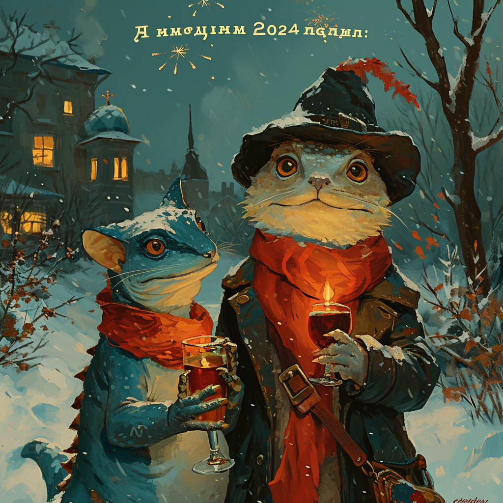 Blue lizard and cat celebrate New Year