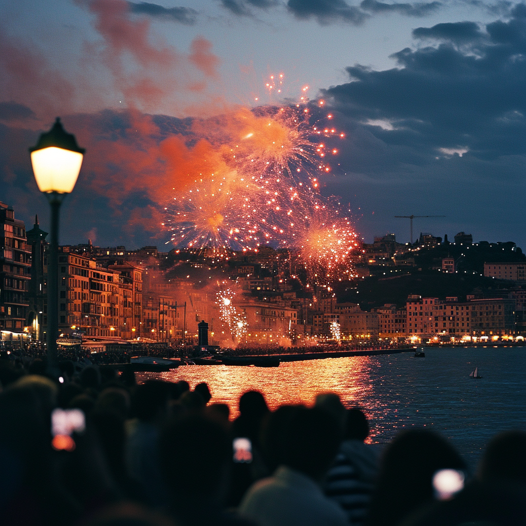 People enjoying fireworks over Genoa's evening celebration