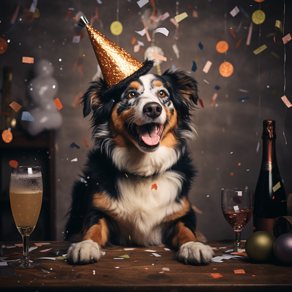 Happy dog celebrating New Year