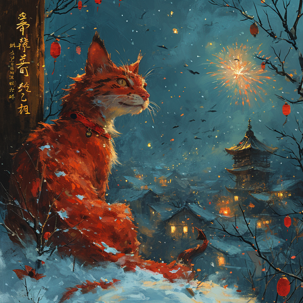 Festive New Year Postcard with Chinese Dragon and Grey Cat