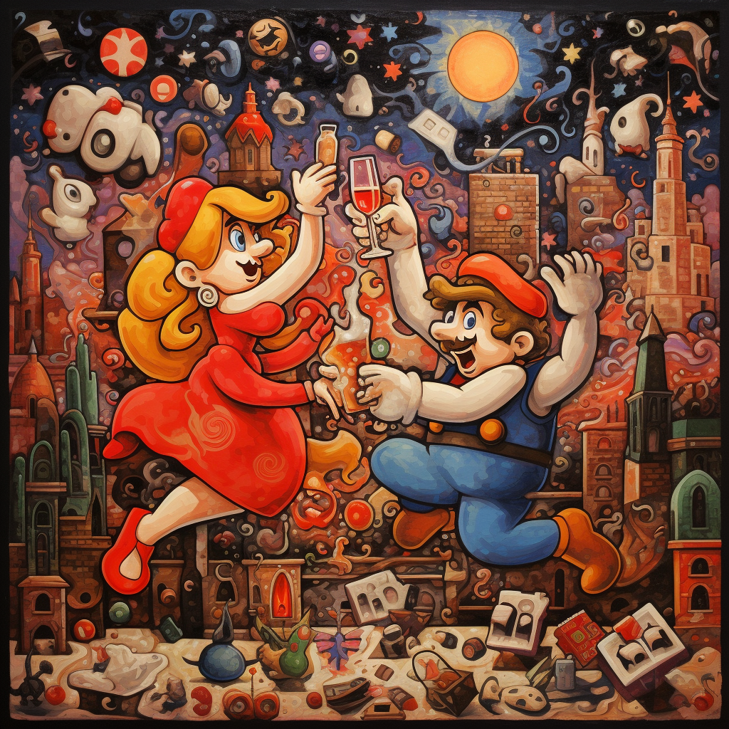 Joyful Super Mario partying with Princess Peach