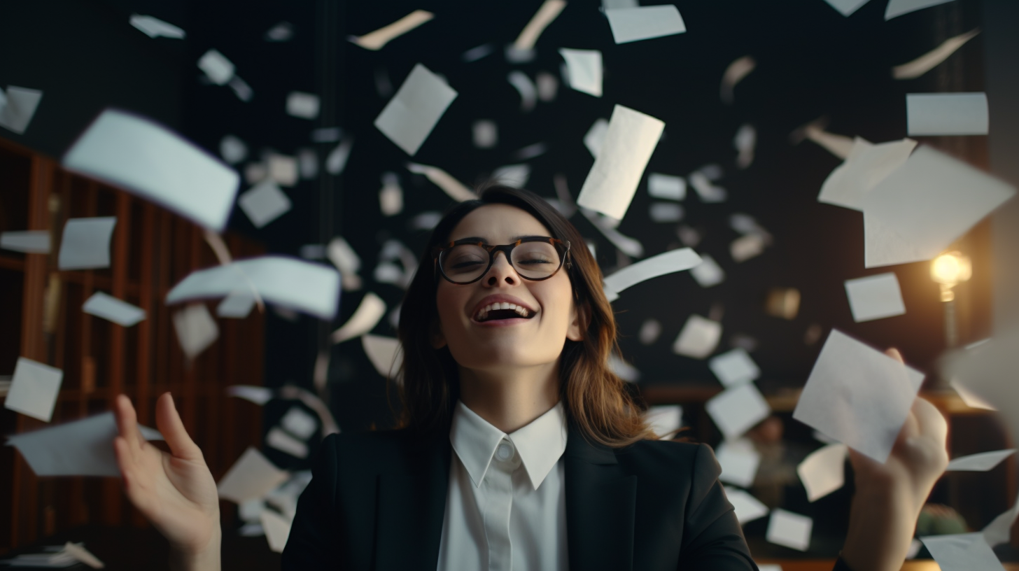 Young happy employee celebrating freedom from routine work