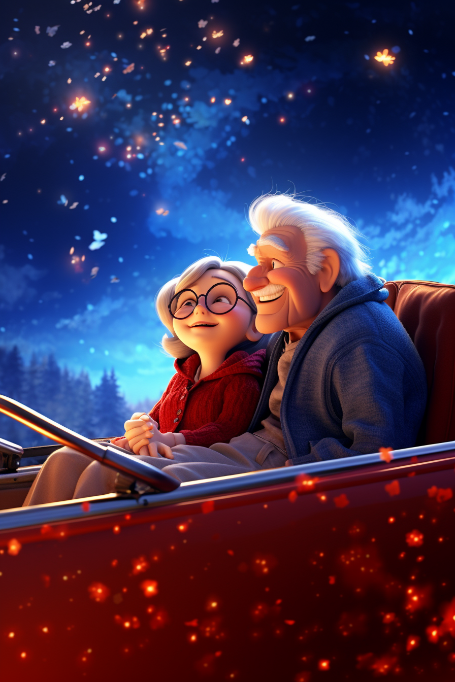 Happy old couple hugging in convertible car