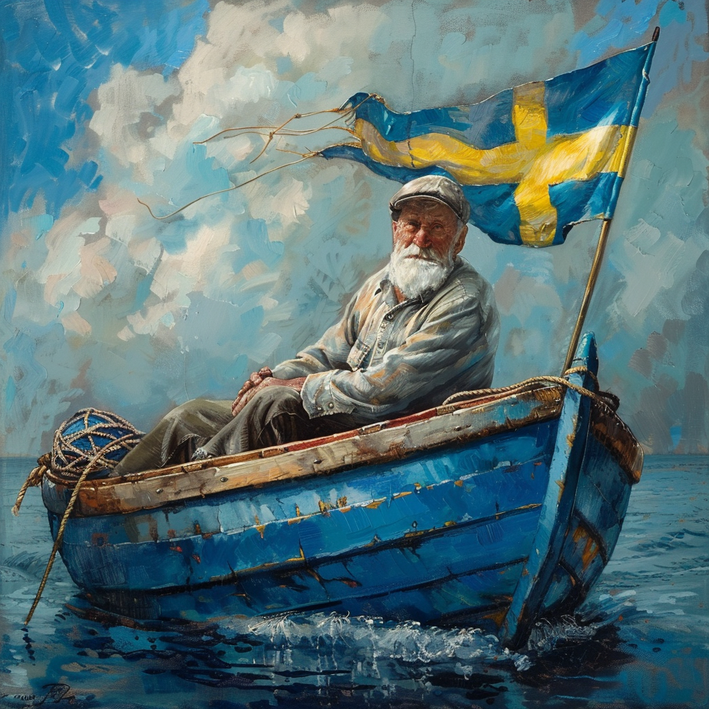 Elderly man in blue boat Swedish flag