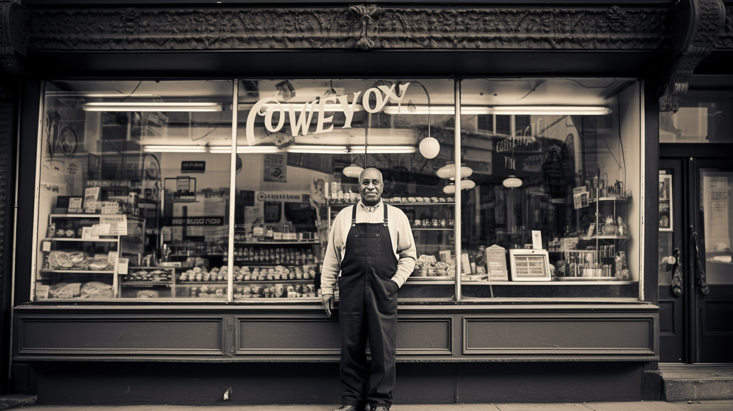 Happy overweight store owner in city