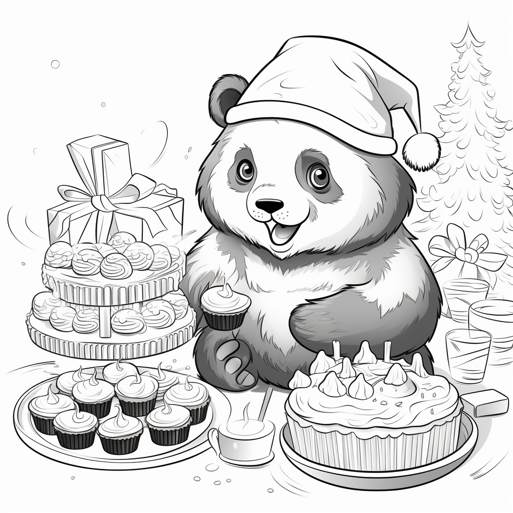 Happy panda wearing Christmas hat eating cake in kitchen