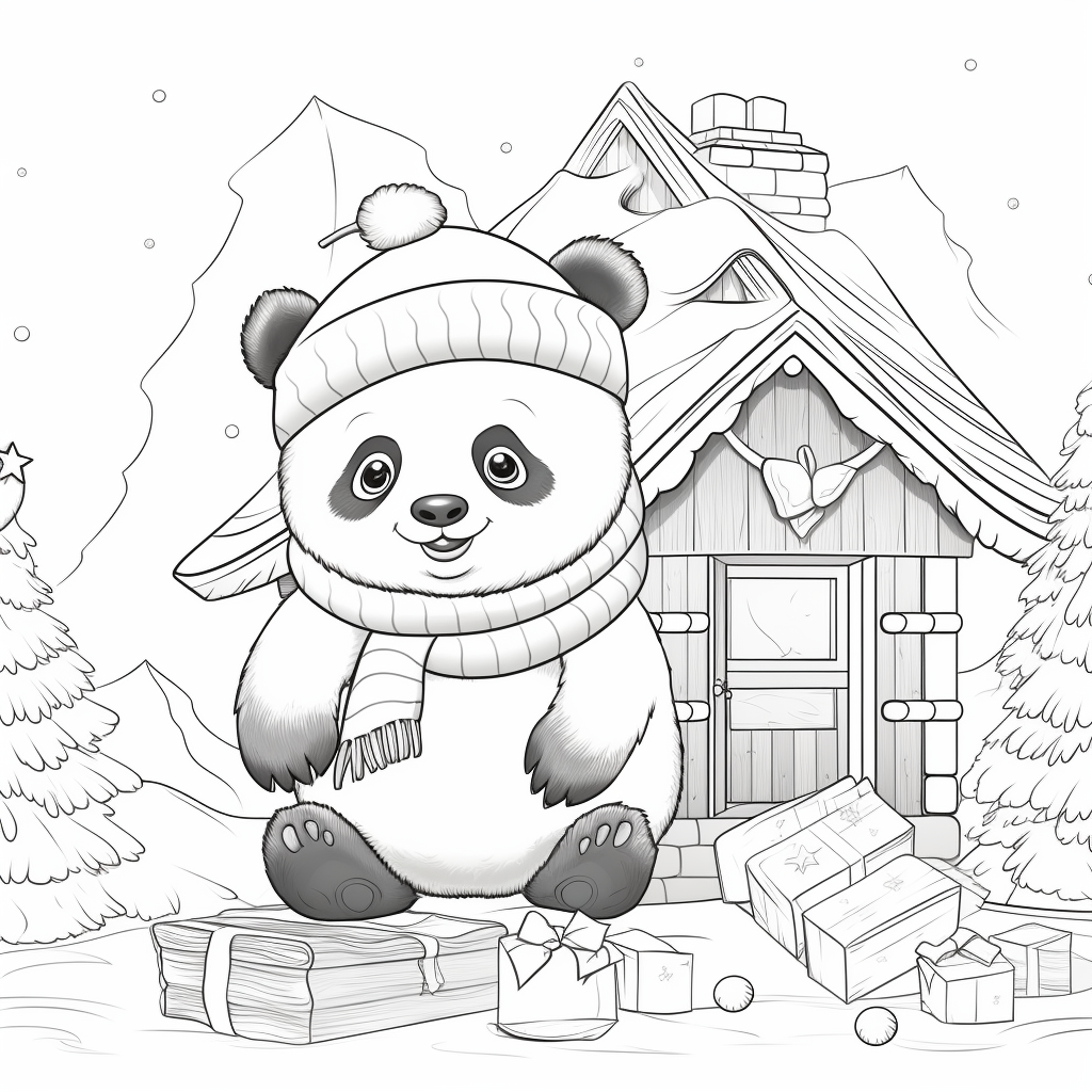 Happy panda wearing Christmas hat on house roof