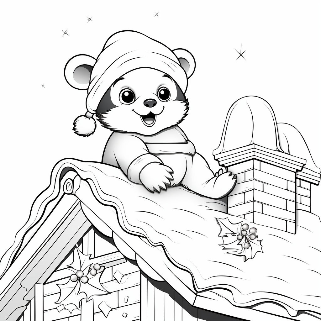 Happy panda wearing Christmas hat climbing roof