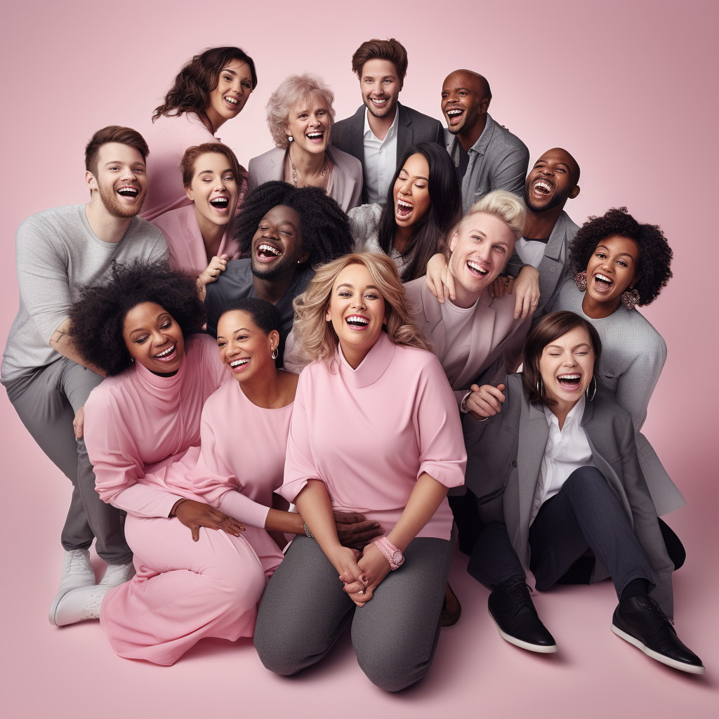 Happy People in Pink, Grey, Black and White