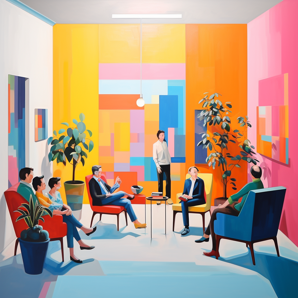 Happy people in bright and colorful room