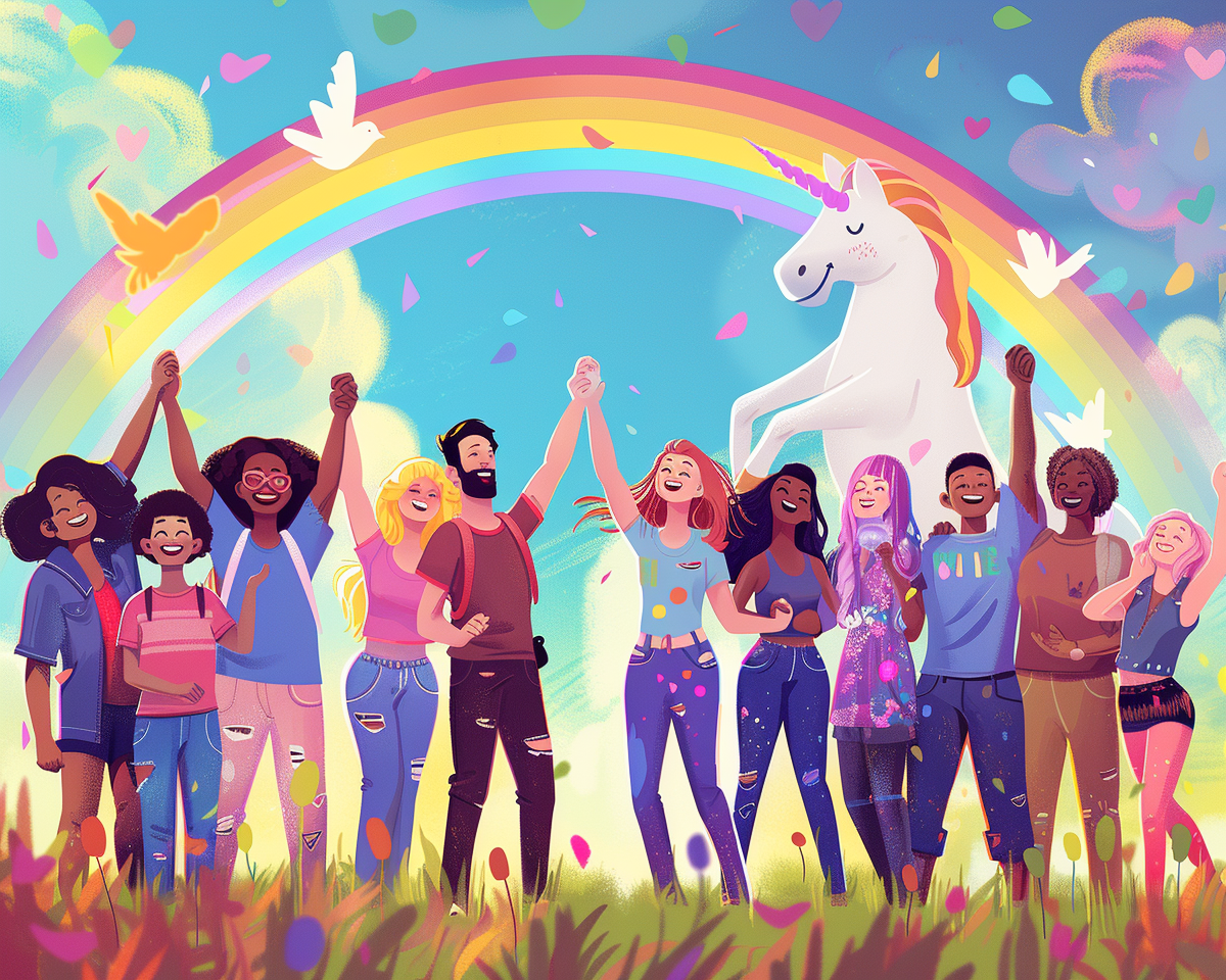 Happy interracial harmony unicorn rainbow image