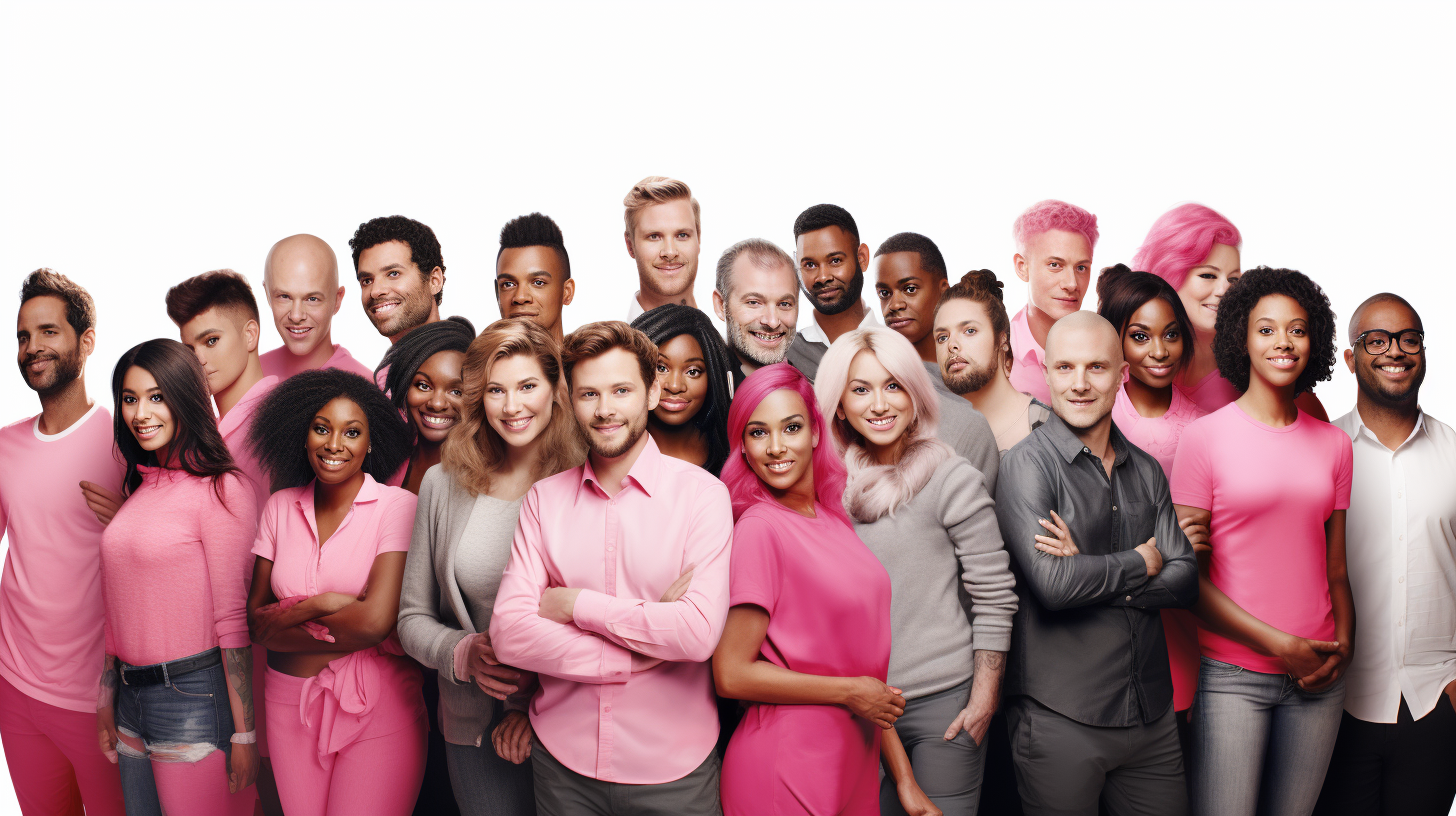 Group of Happy People in Pink, Grey, White Clothing