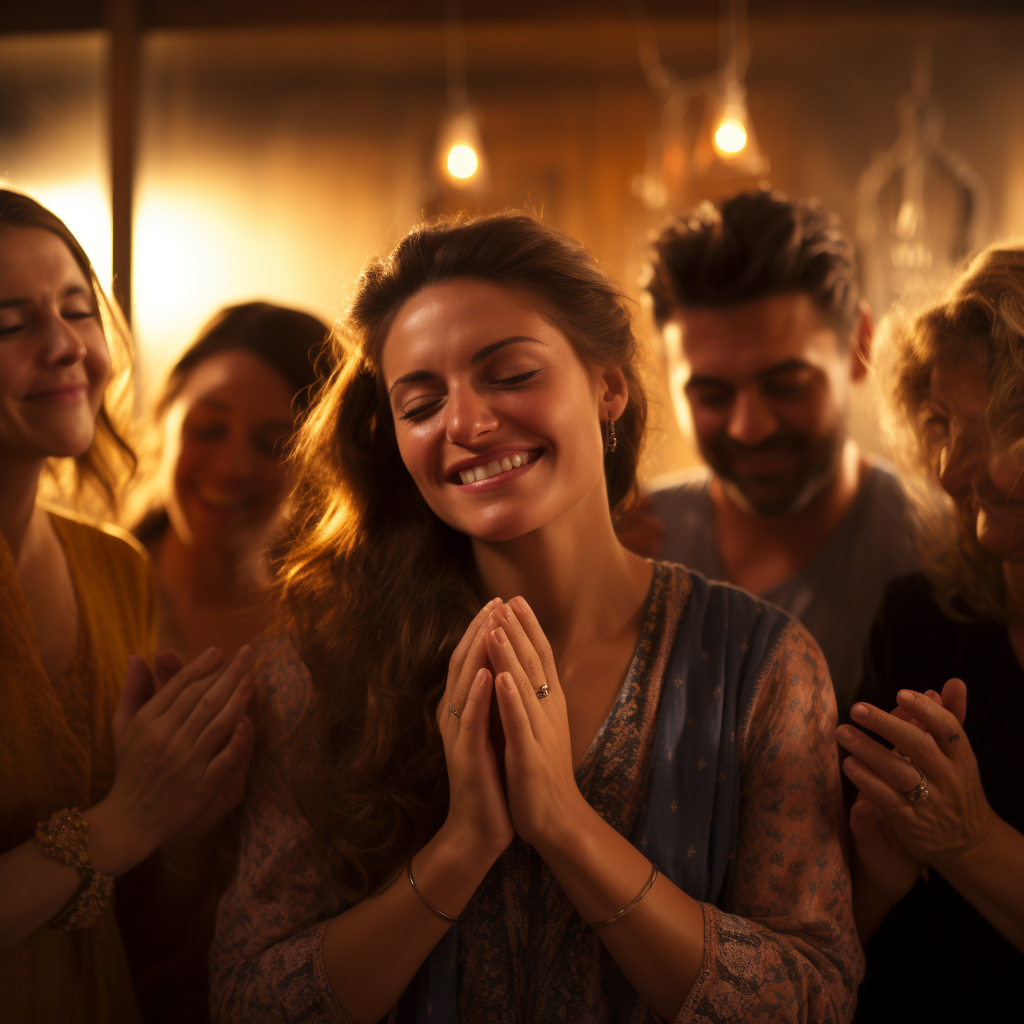 Happy people praying in movie still