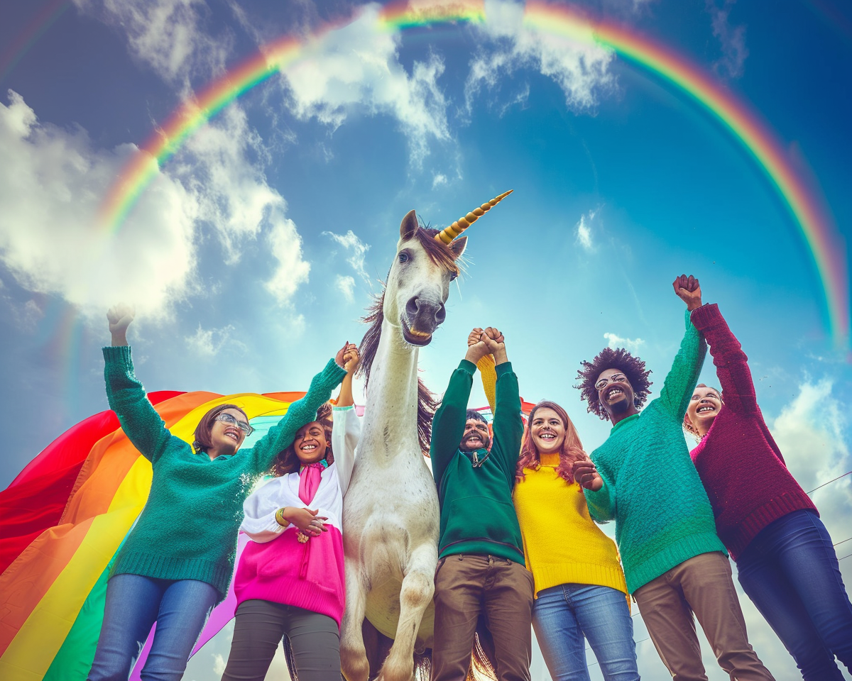 Happy people holding hands rainbow unicorn