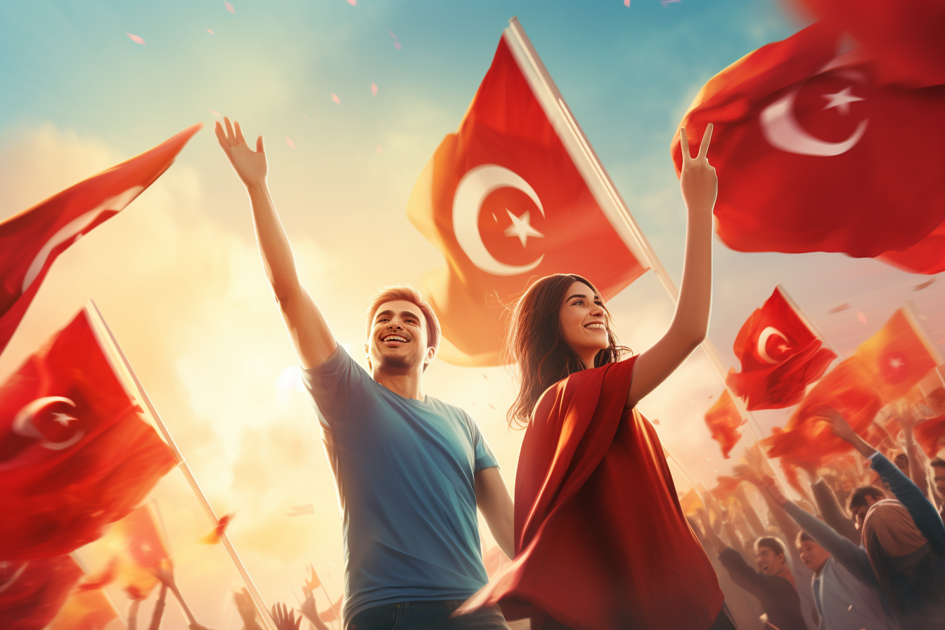 Happy people waving Turkish flags in a cinematic image