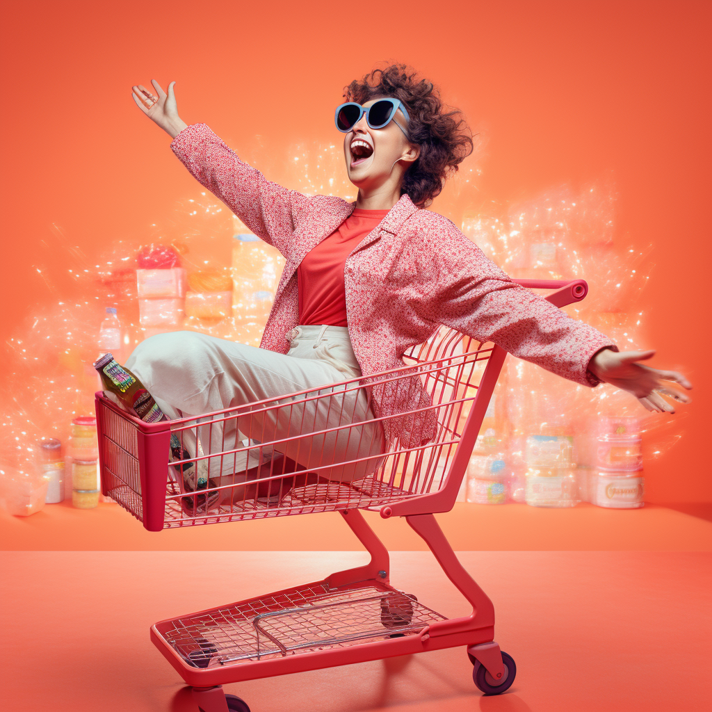 Happy person dancing with a grocery cart