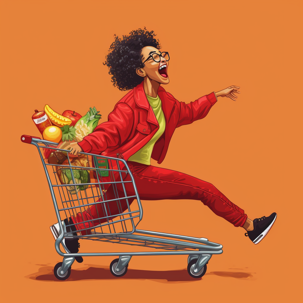 Happy person dancing with grocery cart