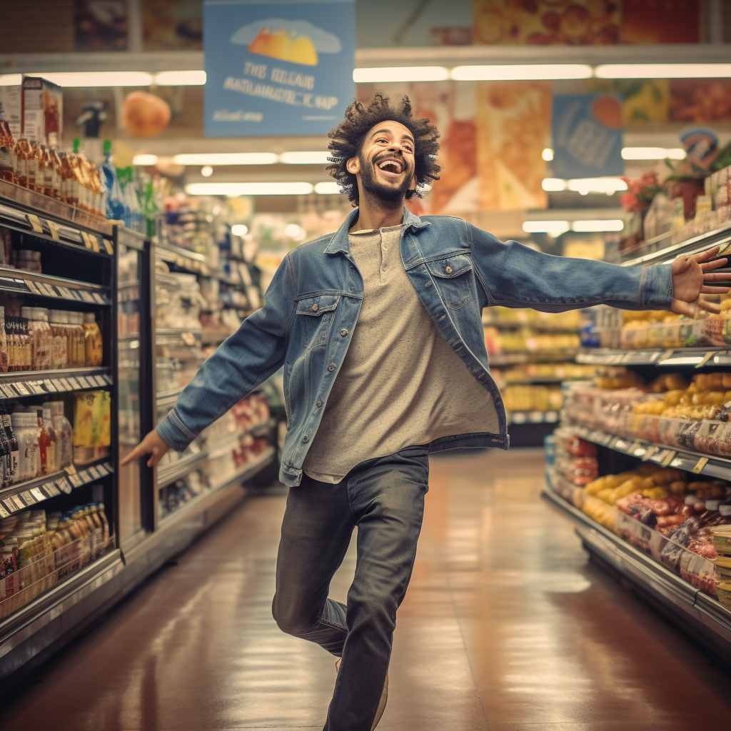 Happy person dancing in grocery store