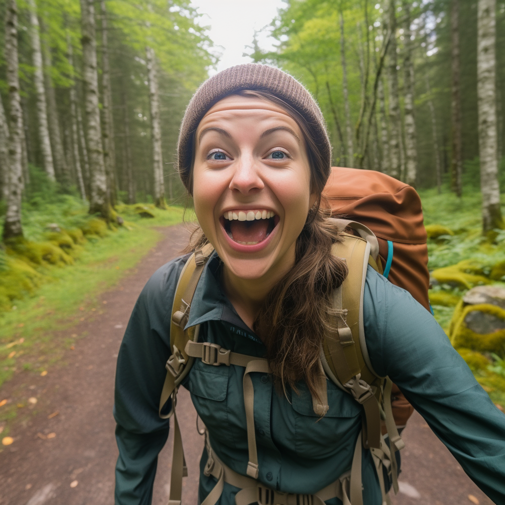 Happy persona hiking in woods