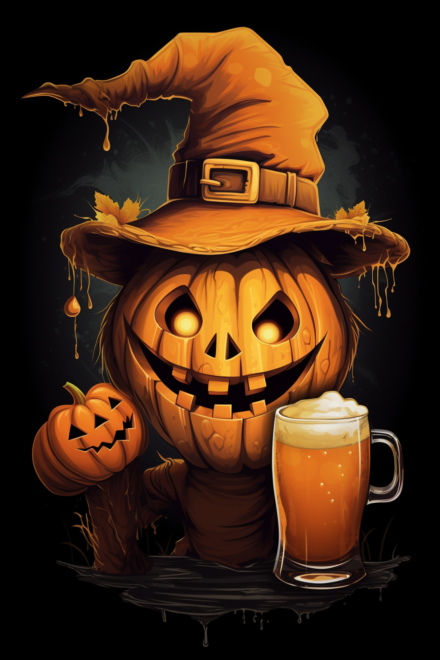 Cute Halloween illustration of a happy pumpkin having a beer