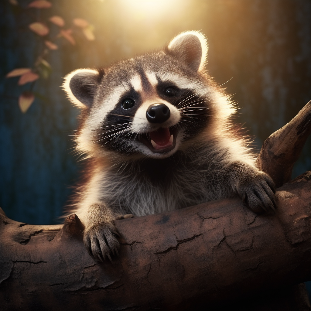 Happy raccoon with familiar pet