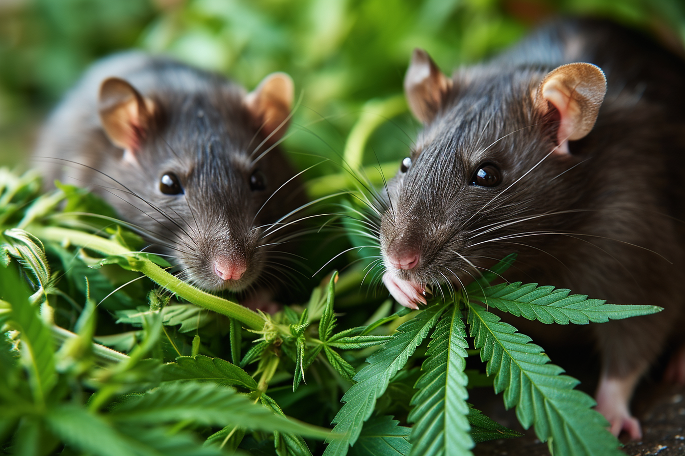 Two happy rats eating cannabis leaves