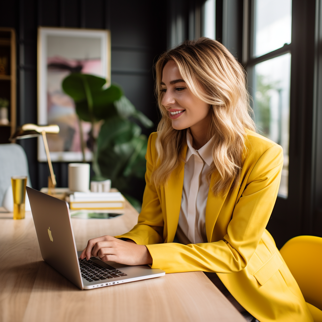 Smiling realtor in yellow attire at work